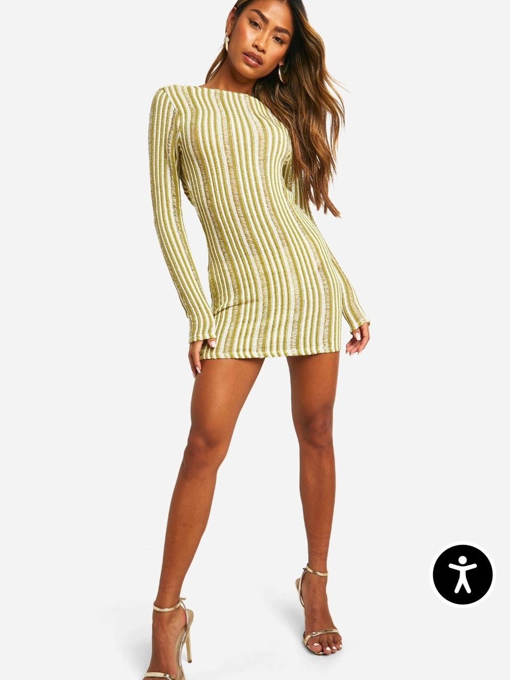 Ribbed Long-Sleeve Mini Dress in Olive Stripe